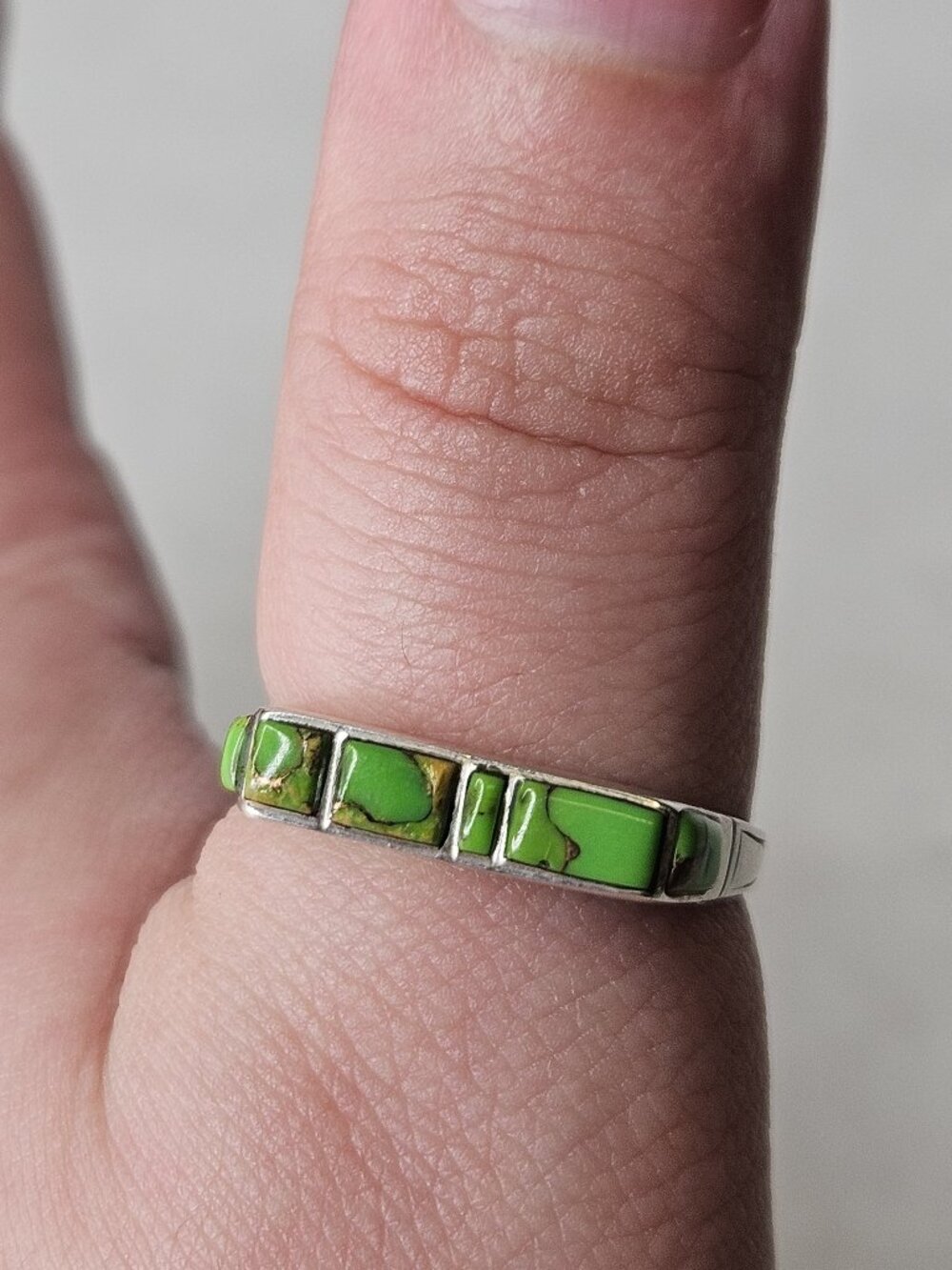 Vintage 925 Sterling Silver Philippines Green Turquoise Ring Band 4mm Size 10